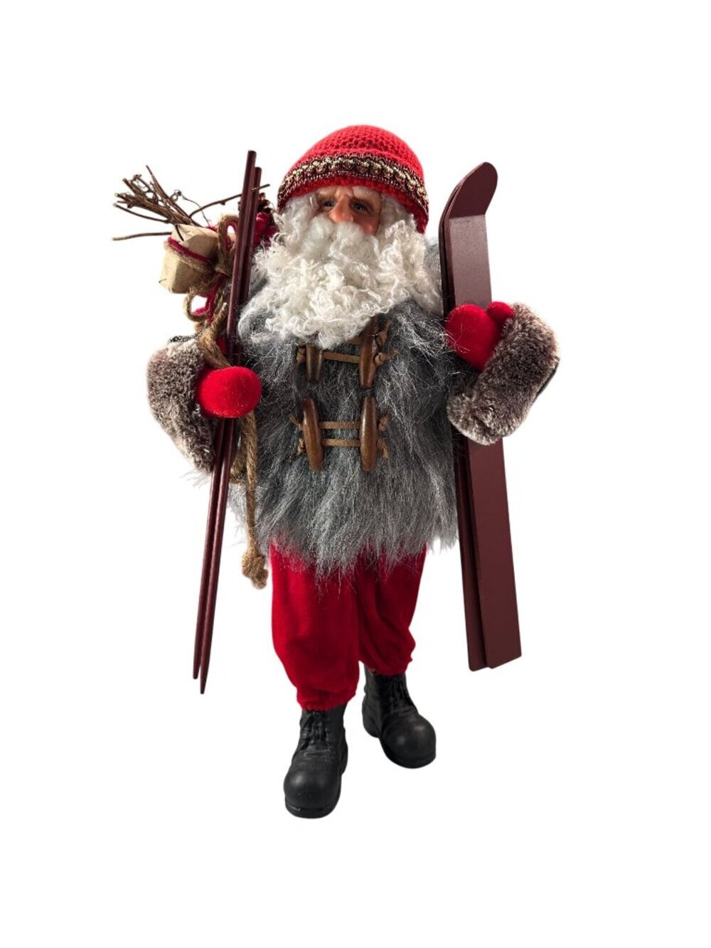 Nordic Santa Claus Figurine Skis Faux Fur Coat Red Pants Christmas Well Dressed